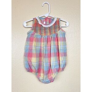 Dondolo Pastel Plaid Bubble Romper Smocked Blue Pink Yellow 12M 100% Cotton